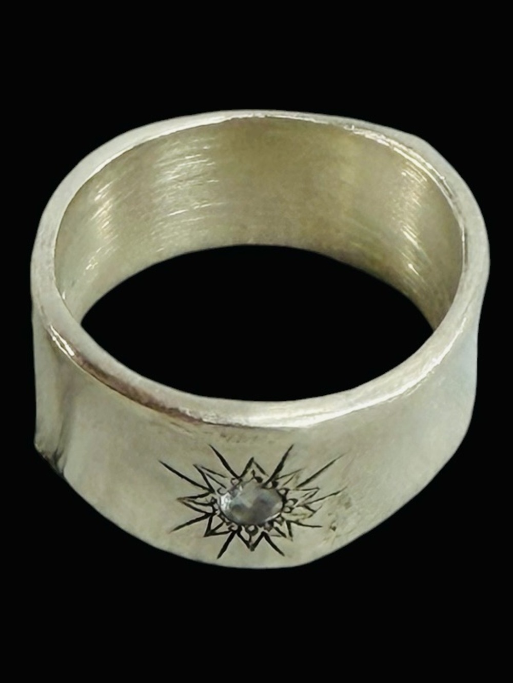 Vintage Sterling Silver Wavy Wide Band Solitaire Crystal Sunburst Ring Size 7.5